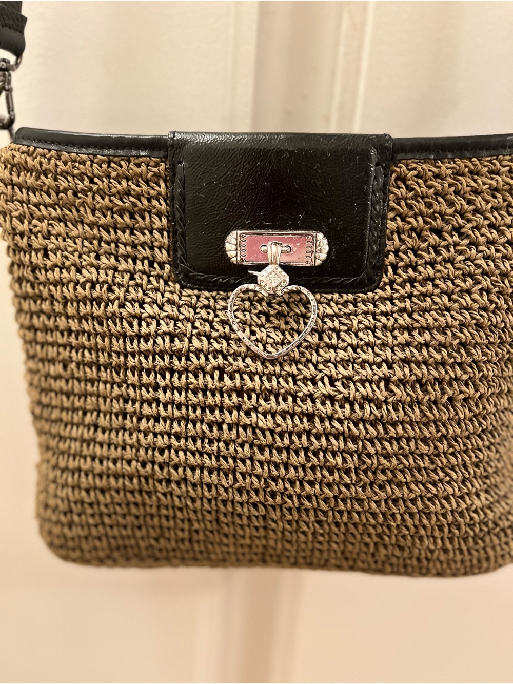 Brighton Taupe Woven Crossbody with Black Trim and Signature Heart Charms